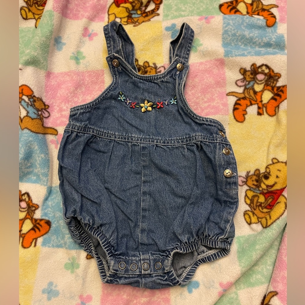 Vintage Carters Baby Romper Denim with Floral Embroidery 12m